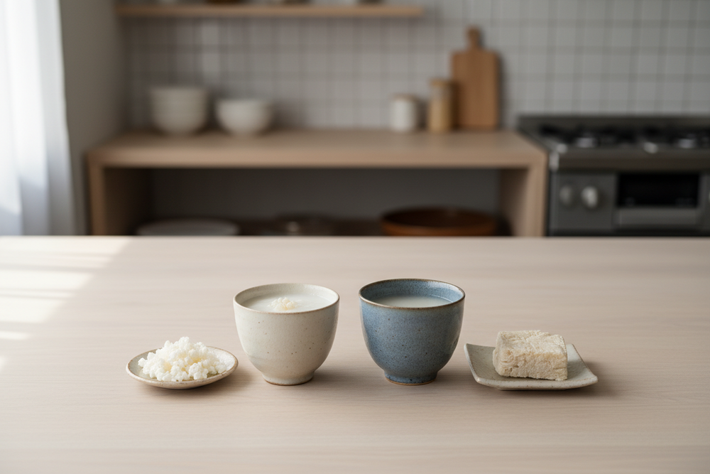 米麹甘酒と酒粕甘酒を並べて原料の違いを表したイメージ