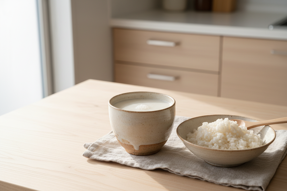 米麹甘酒と米麹を木のテーブルに置いた作り方記事のイメージ